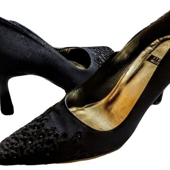 Stuart Weitzman Satin Pointed-Toe Embellished Pump Spool Heel 6B Crystal - Picture 1 of 11